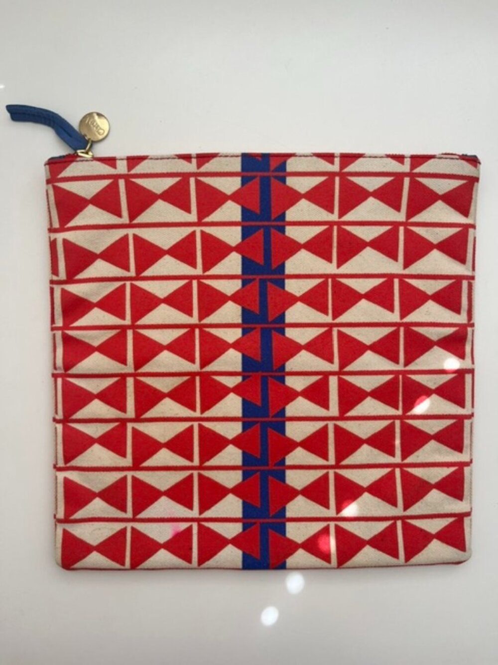 Clare V. Foldover Clutch in Geometric Red Blue Canvas